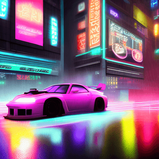 AI generated: fast and furious car in downtown tokyo at night with neon lights, cyber punk style, ultra realistic,...