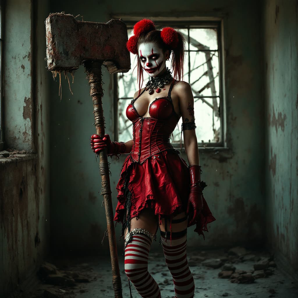 AI generated: Dark art depiction of a scary Spartan Mecha girl, wearing a revealing red corset and tattered skirt,...