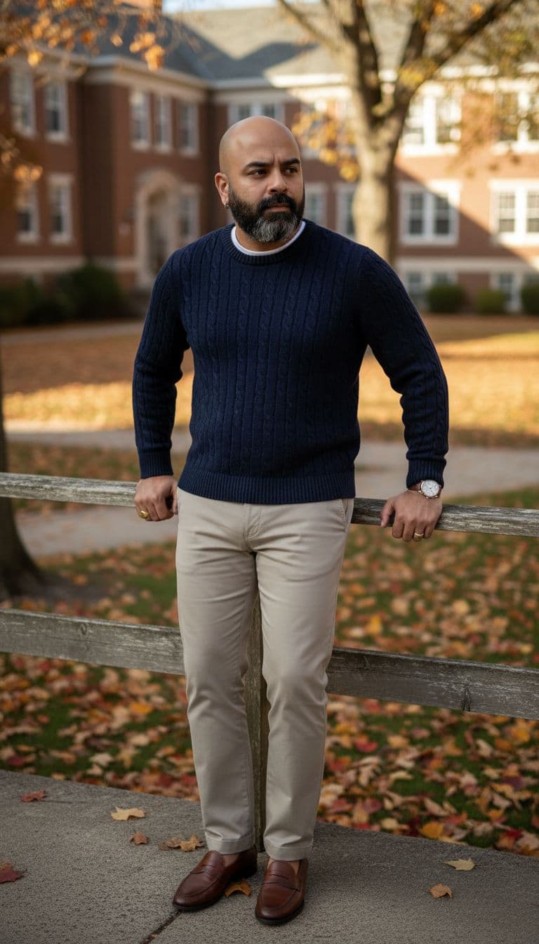 AI generated: Subject: An elegant late-20s man. Clothing: Navy blue cable-knit cricket sweater over a white t-shir...