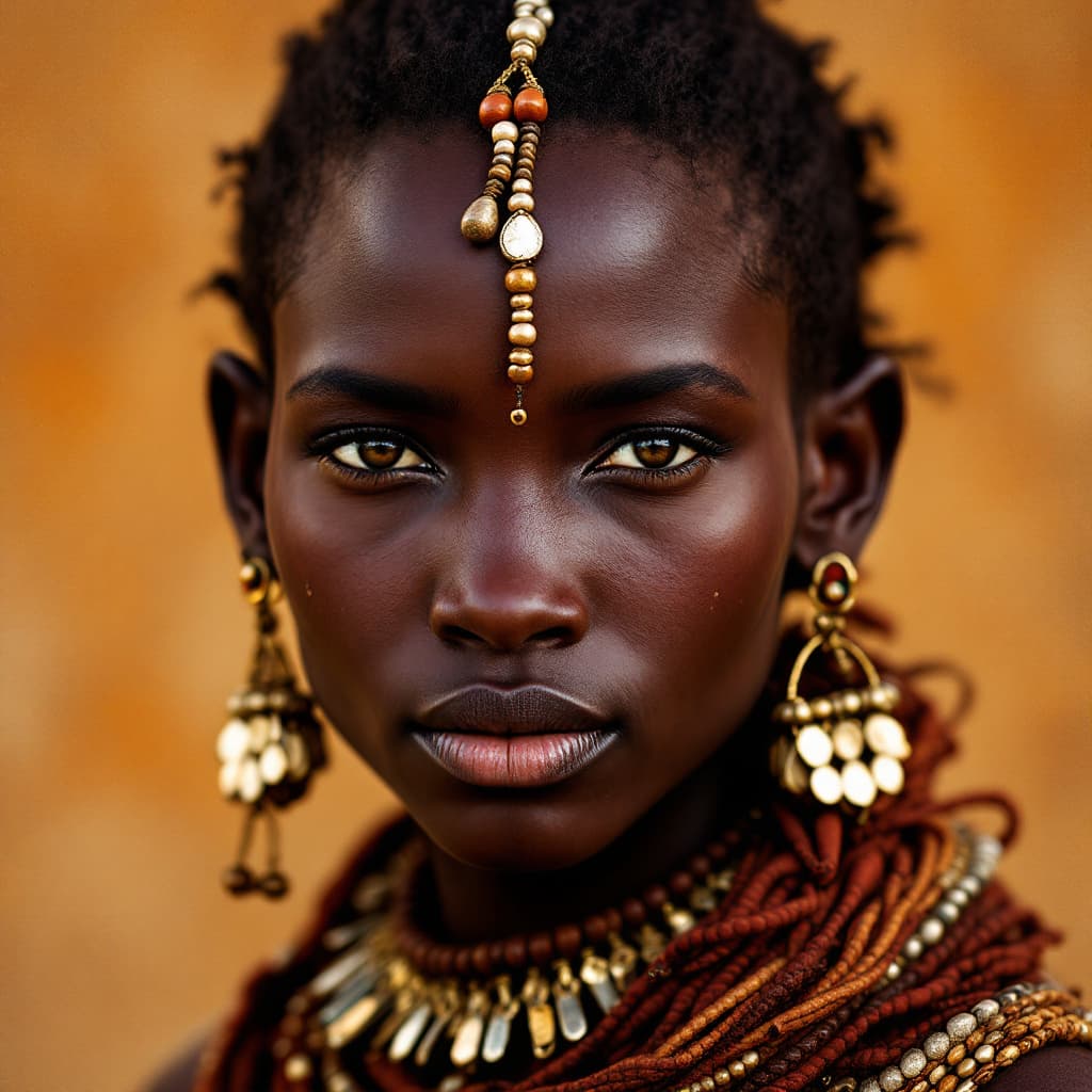 AI generated: Centered image. Face of a  Maasai 
woman with traditional adornments of her culture, background with...