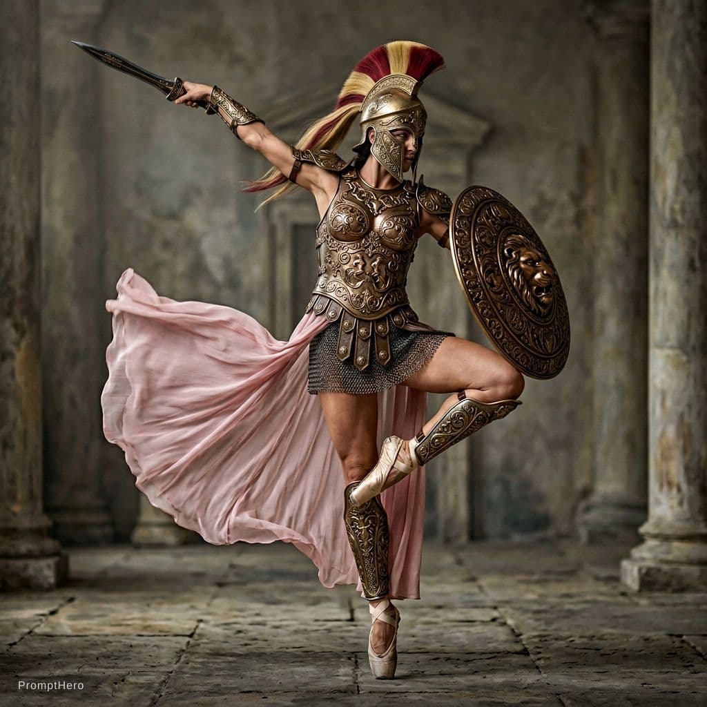 AI generated: highly stylized, hyper-realistic figure of a female warrior posed en pointe like a classical ballet ...