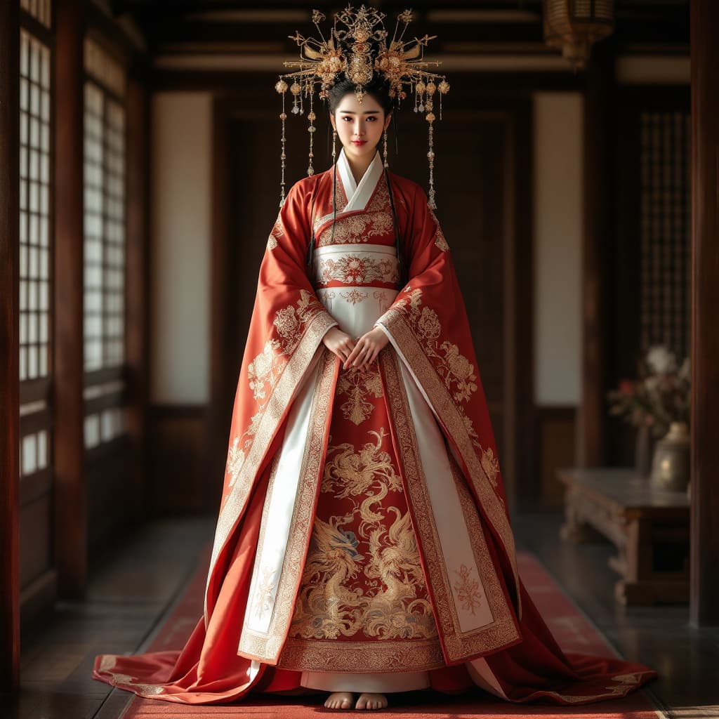 AI generated: A traditional Korean queen full ceremonial wedding attire, standing indoors in a traditional hanok r...
