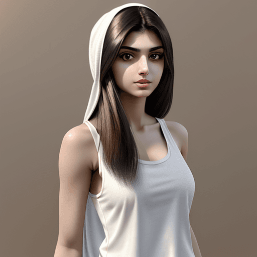 AI generated: persian brunette girl, age 20, long hair, no hair covering, white tank top, photorealistic