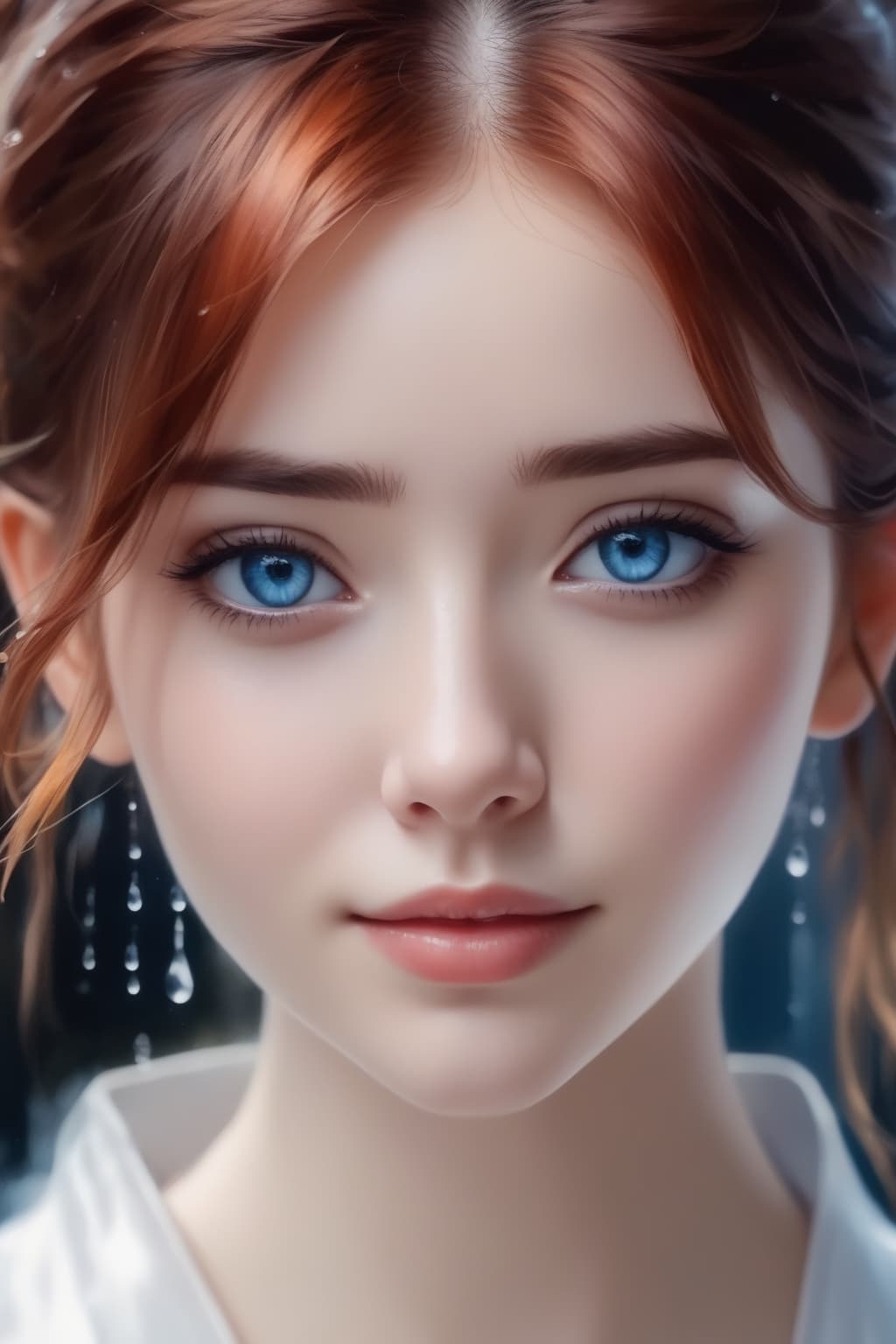 AI generated: A water color of close up model's face, Red hair and blue eyes, raindrops as foreground, a wet look,...