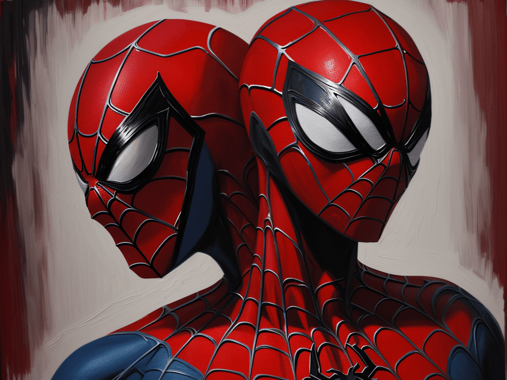 AI generated: the spider man, impasto technique, oil painting, contemporary era, primarily monochromatic with acce...