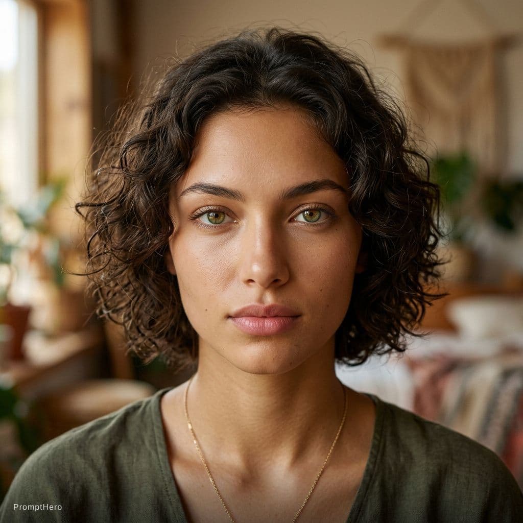 AI generated: Ultra-realistic portrait of a 18 years old woman with striking hazel-green eyes, intense and symmetr...