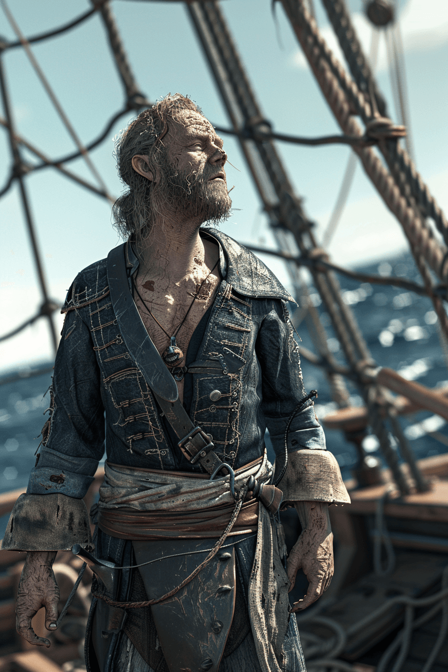 AI generated: A pirate captain standing proud in his ship, looking at the horizon, his skin shows scars of his num...