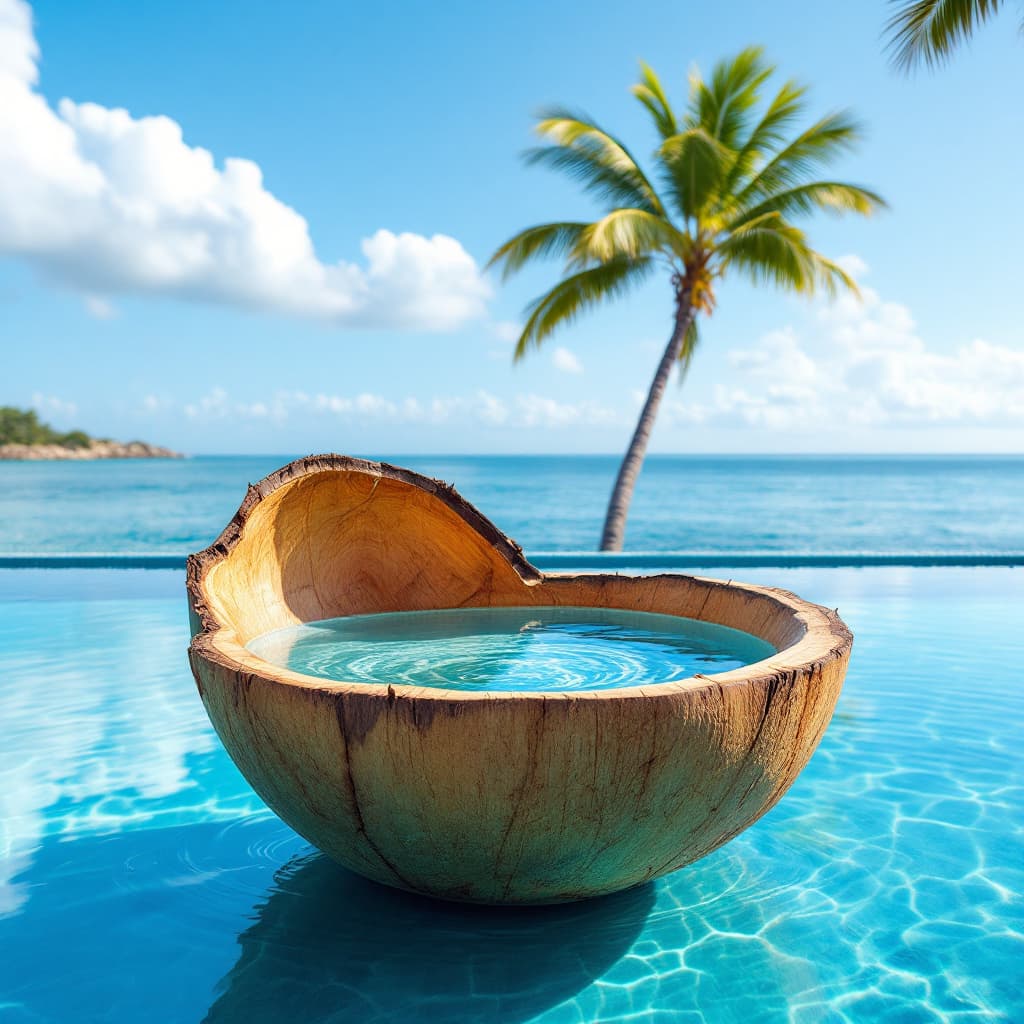 AI generated: swimming pool  in a tender coconut shell 