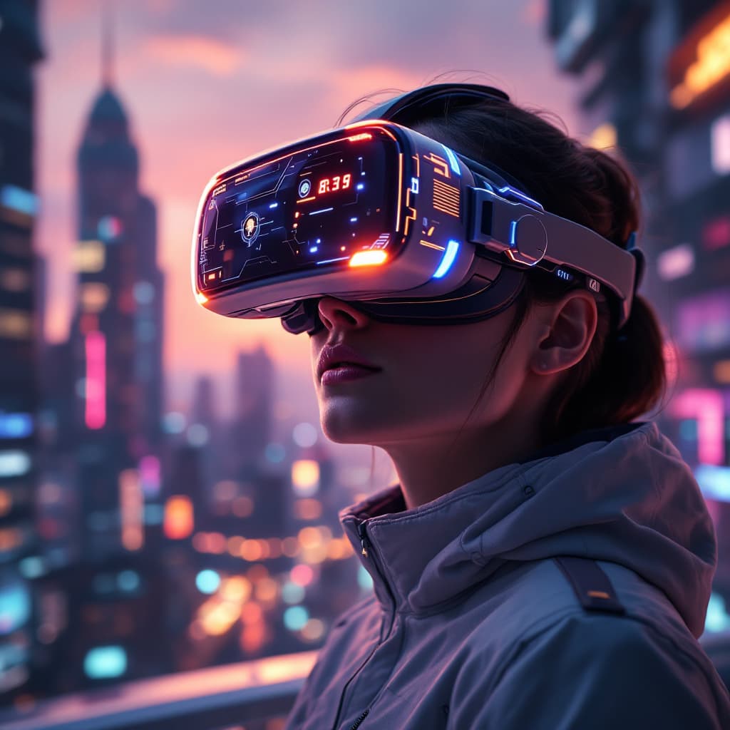 AI generated: A futuristic virtual reality experience, a person wearing an advanced VR headset, immersed in a hype...