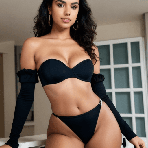 AI generated: One sexy Latina girl, poised in an alluring action, with a lascivious cara (face), black curly hair ...