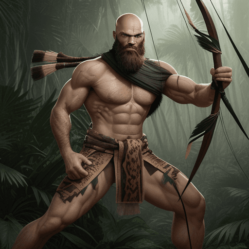 AI generated: A full-body jungle warrior, slender but muscular, with pronounced facial features and a determined a...
