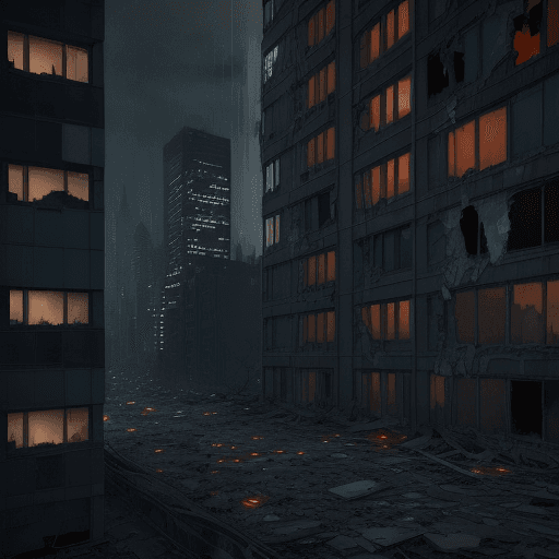 AI generated: Urban decay, night setting, cascading broken windows from a dilapidated high-rise, desolate streets ...