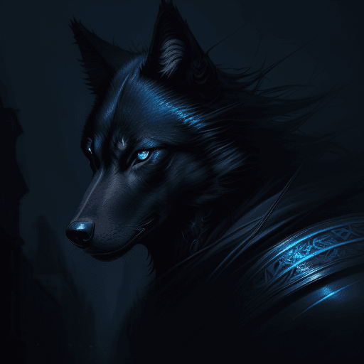 AI generated: High resolution photography a fantastical creature, black wolf, blue eyes, powerful portrait, dark f...