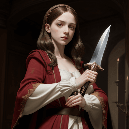 AI generated: renaissance girl, wielding a dagger, wearing a robe, dark haired