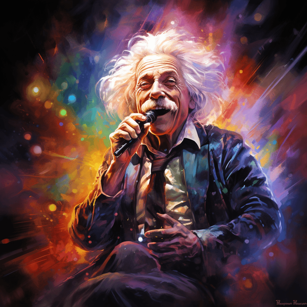 AI generated: Famous Albert Einstein, holding a microphone and singing at an heavy metal music festival, colorful ...