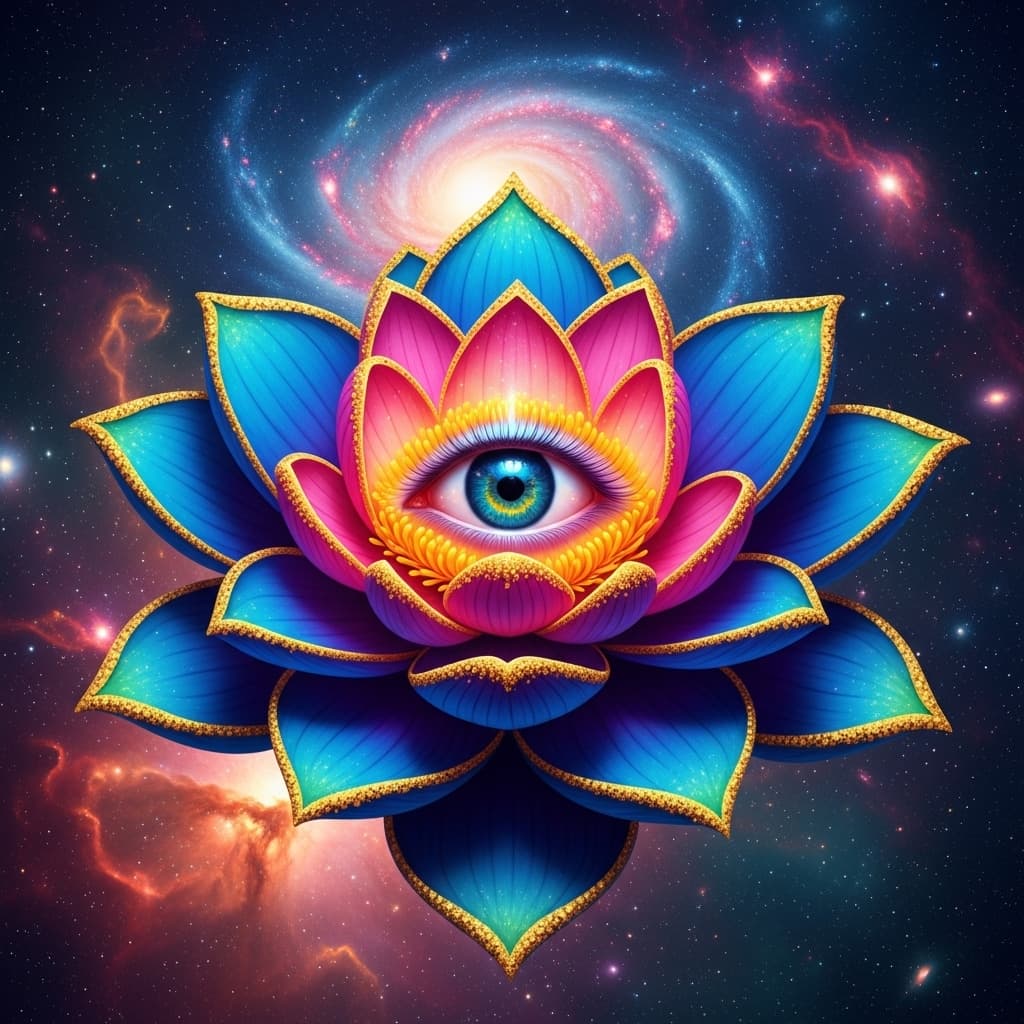 AI generated: A beautiful real looking, colorful tropical flower in lotus position with an eye. 8k, psychedelic, s...