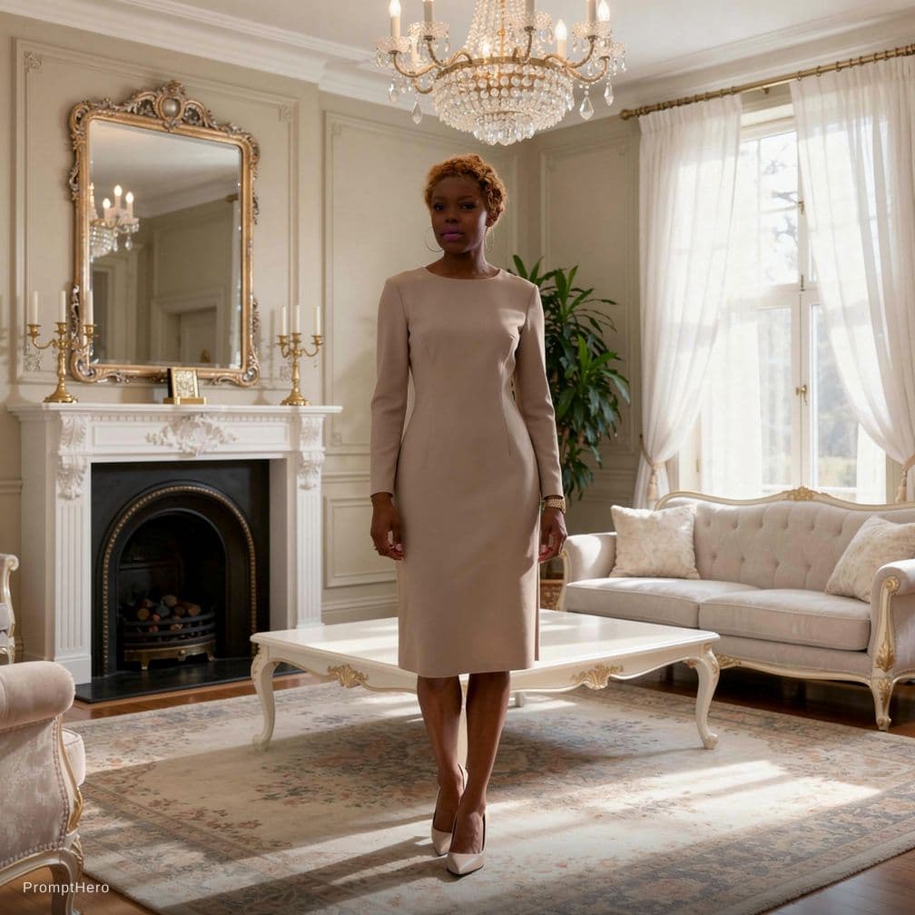 AI generated: The image shows a young woman posing in a luxurious living room. She is standing in front of a white...