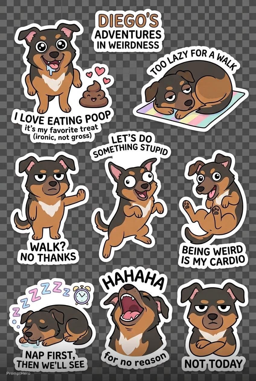AI generated: A funny sticker pack featuring a dog named Diego. Cute, silly, slightly chaotic personality. Big exp...
