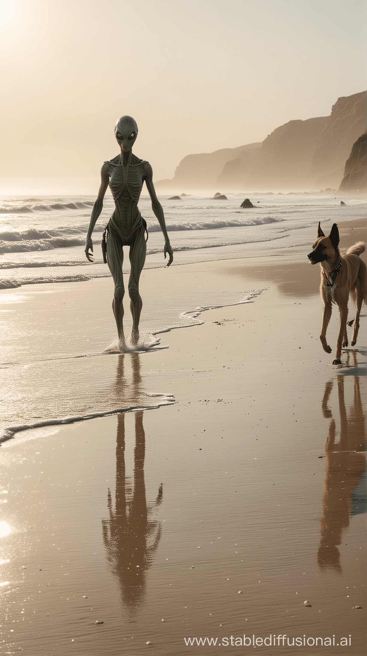 AI generated: Un Alien caminando por la playa, junto a su perro, durante un atardecer, 4k, alta definición, --ar 9...