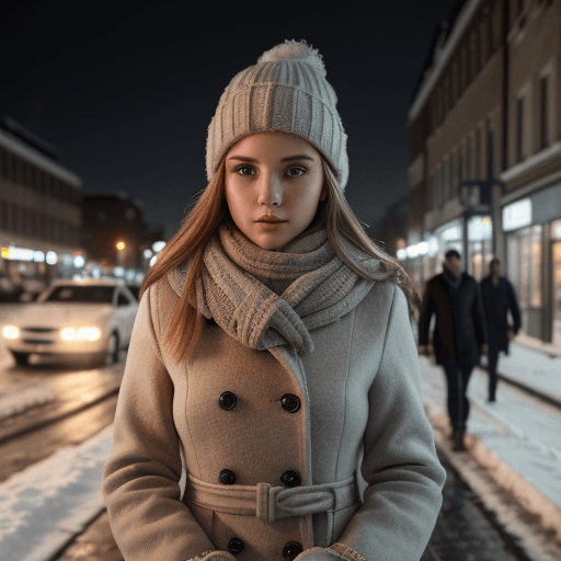 AI generated: photo realistic and detailed of a young pretty  woman in the street. Cold winter evening, 8K