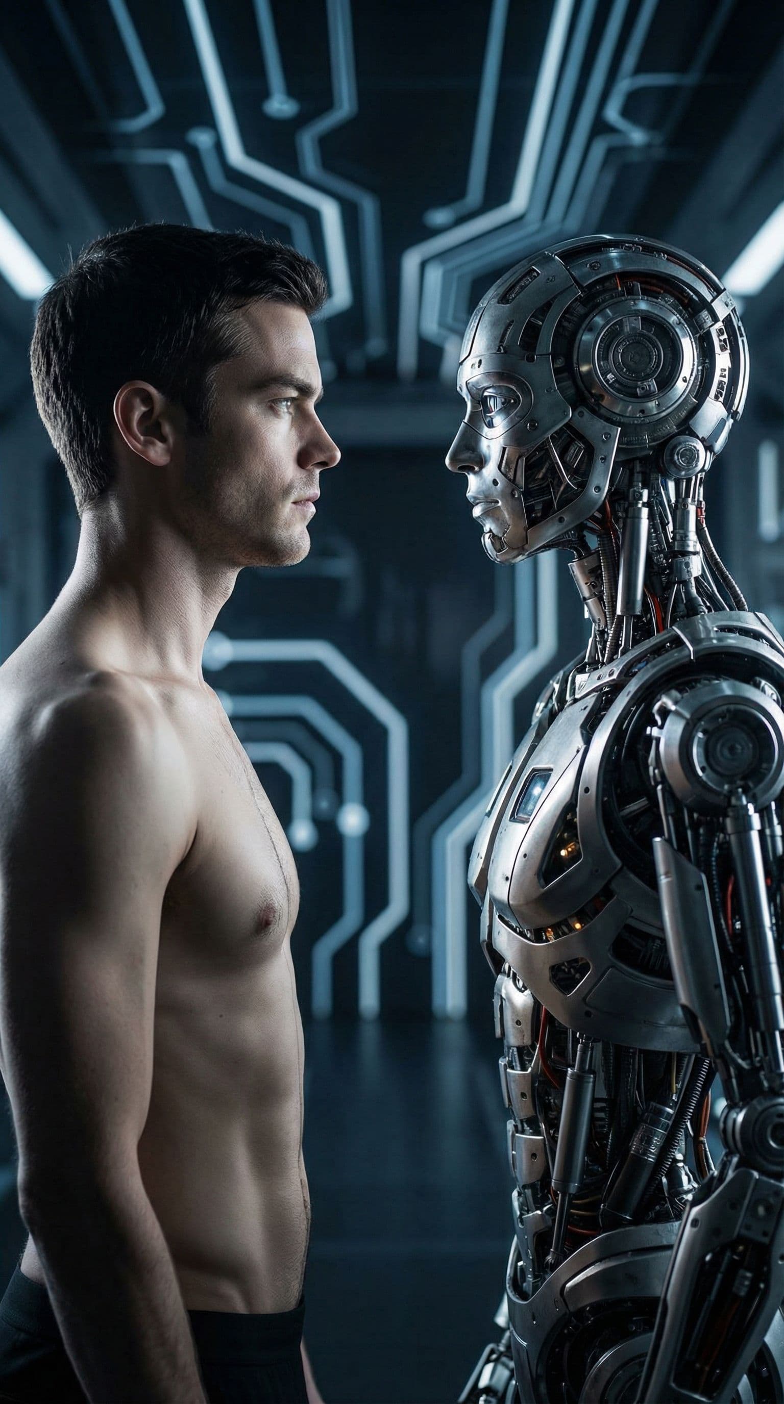 AI generated: A human and a robotic figure face each other in a futuristic setting. The human, positioned on the l...