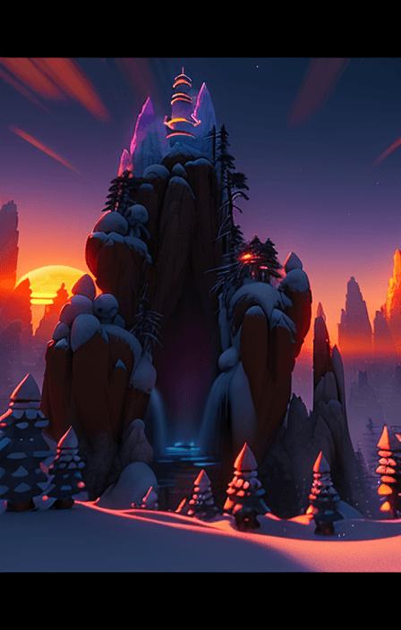 AI generated: panda, winter, retro sunset, crystals, spires, volumetric lighting, studio Ghibli style, rendered in...