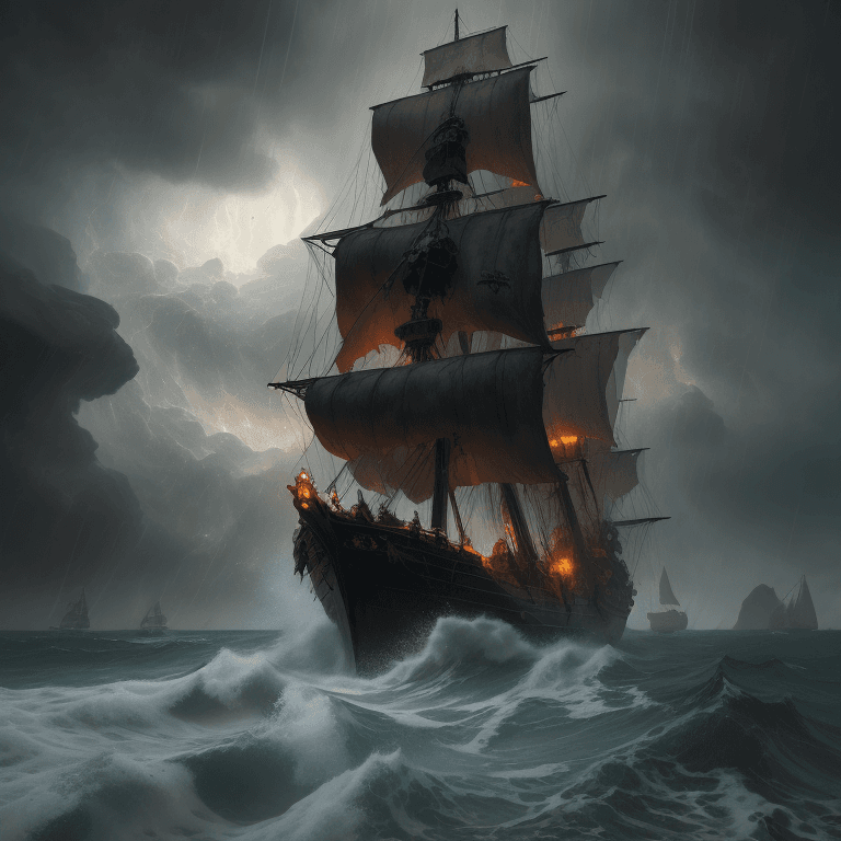 AI generated: oil painting with heavy impasto of a pirate ship after a sea battle, turbulent sea, thunderstorm, ra...