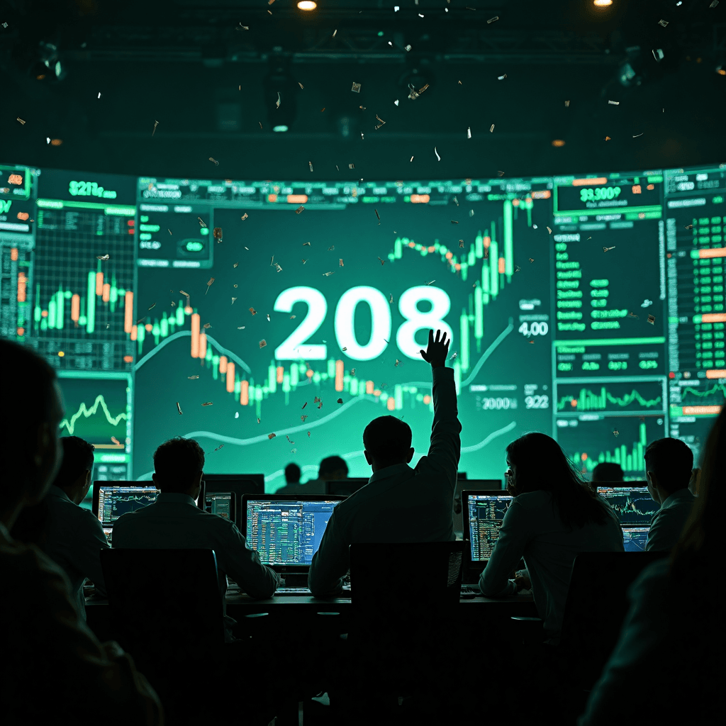AI generated: a group of traders at a big screen with lots of green trading charts going up, the number 208 on the...