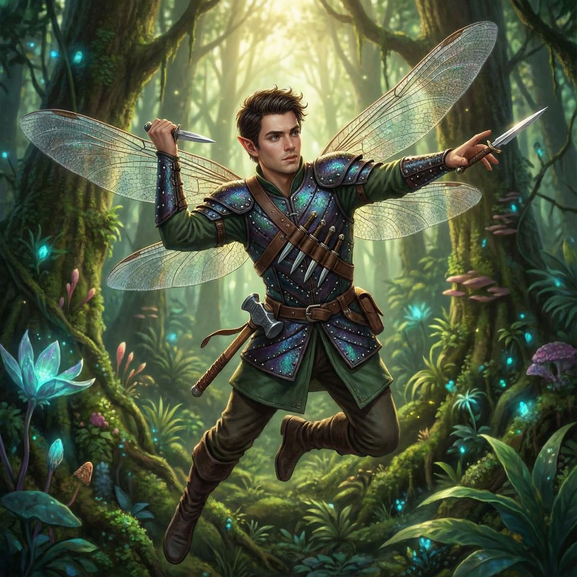 AI generated: Male fairy wearing iridescent studded leather armor, flying in a magical forest throwing a dagger, w...