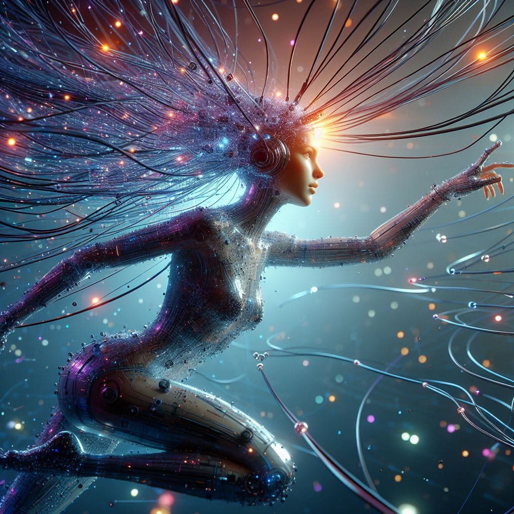 AI generated: a girl with multiple wires attached to head, (((full body))), active pose, low angle, wide angle, pe...