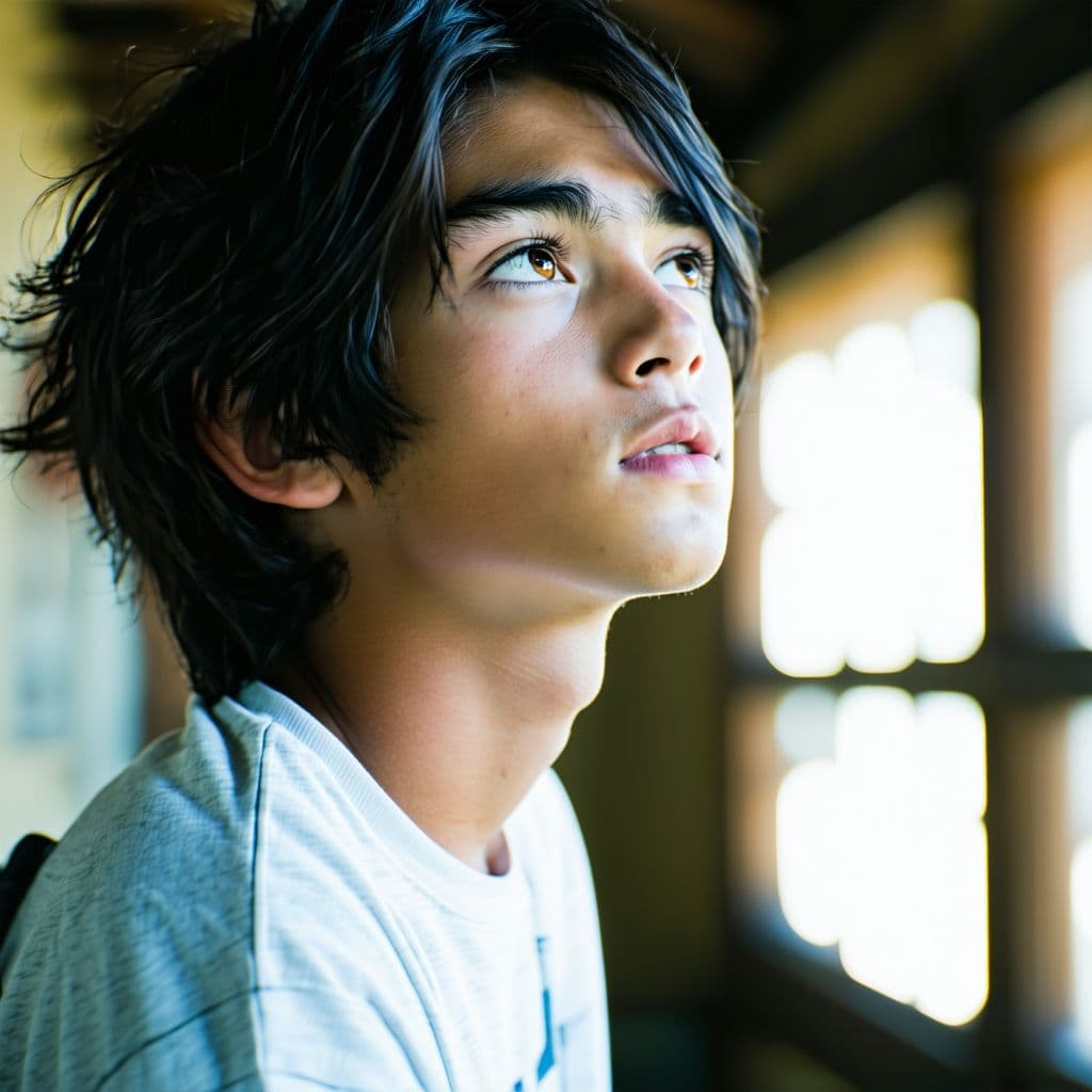AI generated: hot young japanese teen with gaze directed up and to the right of frame