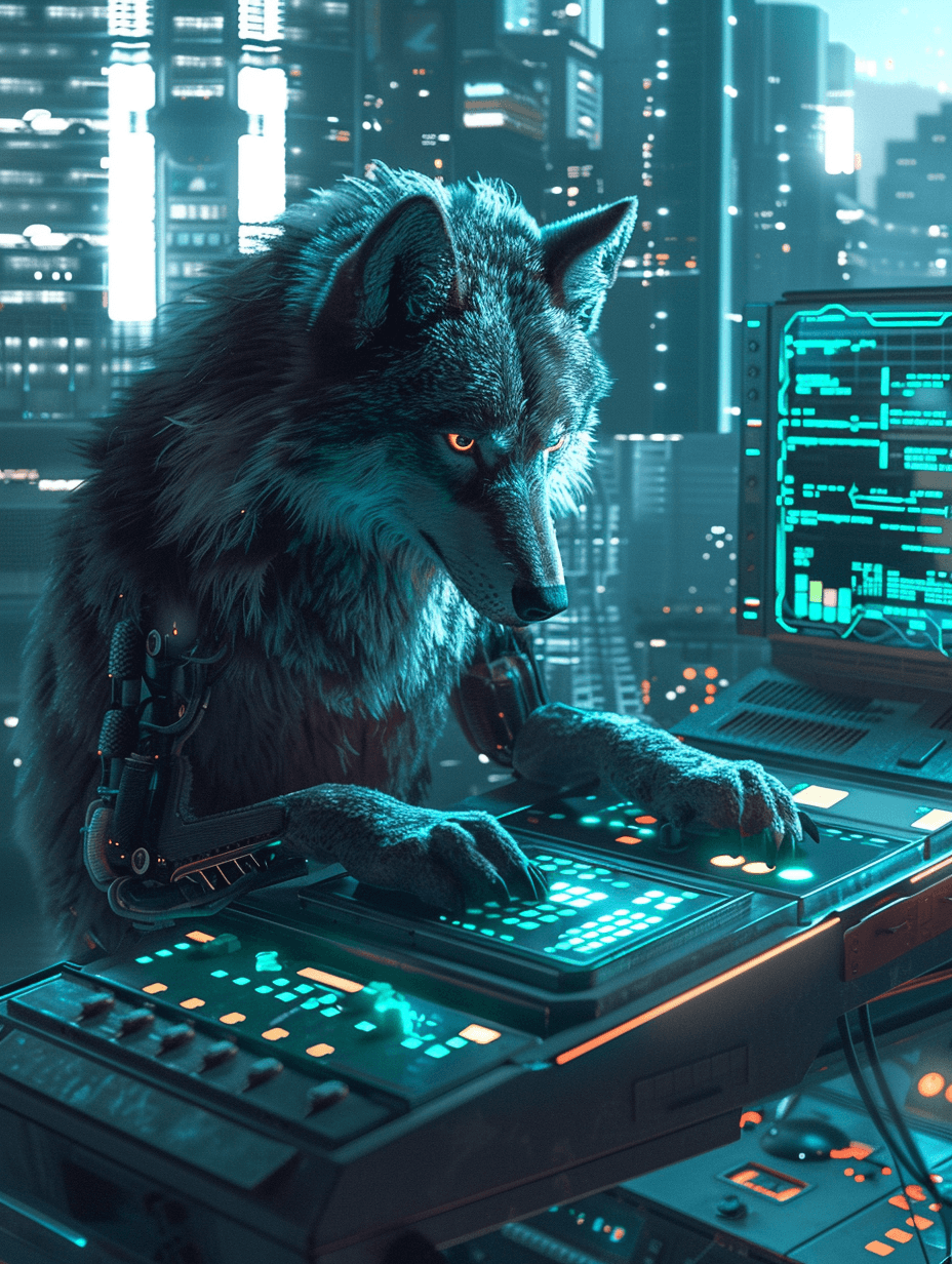 AI generated: Futuristic digital art, a cybernetic wolf working at a control panel, sleek and high-tech --ar 3:4 -...