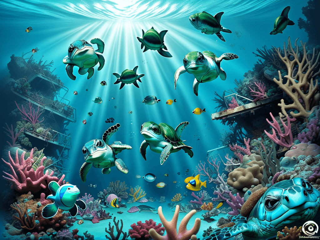 AI generated: Hyper realistic diving photo of caribbean sea, wreck, happy green baby turtle, flashy fishes, daylig...