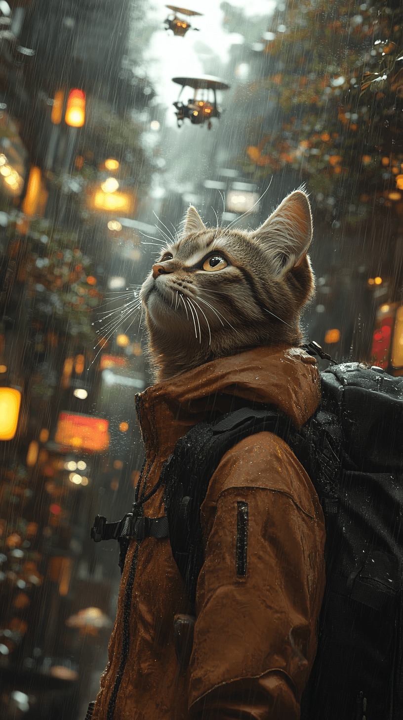 AI generated: A cat stands alone in a futuristic forest, rain falling gently as it watches flying machines drift b...