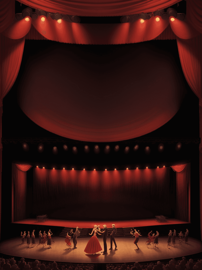 AI generated: image of a retro stage, full view of the stage, red curtains on the sides, with a slight shadow, sta...