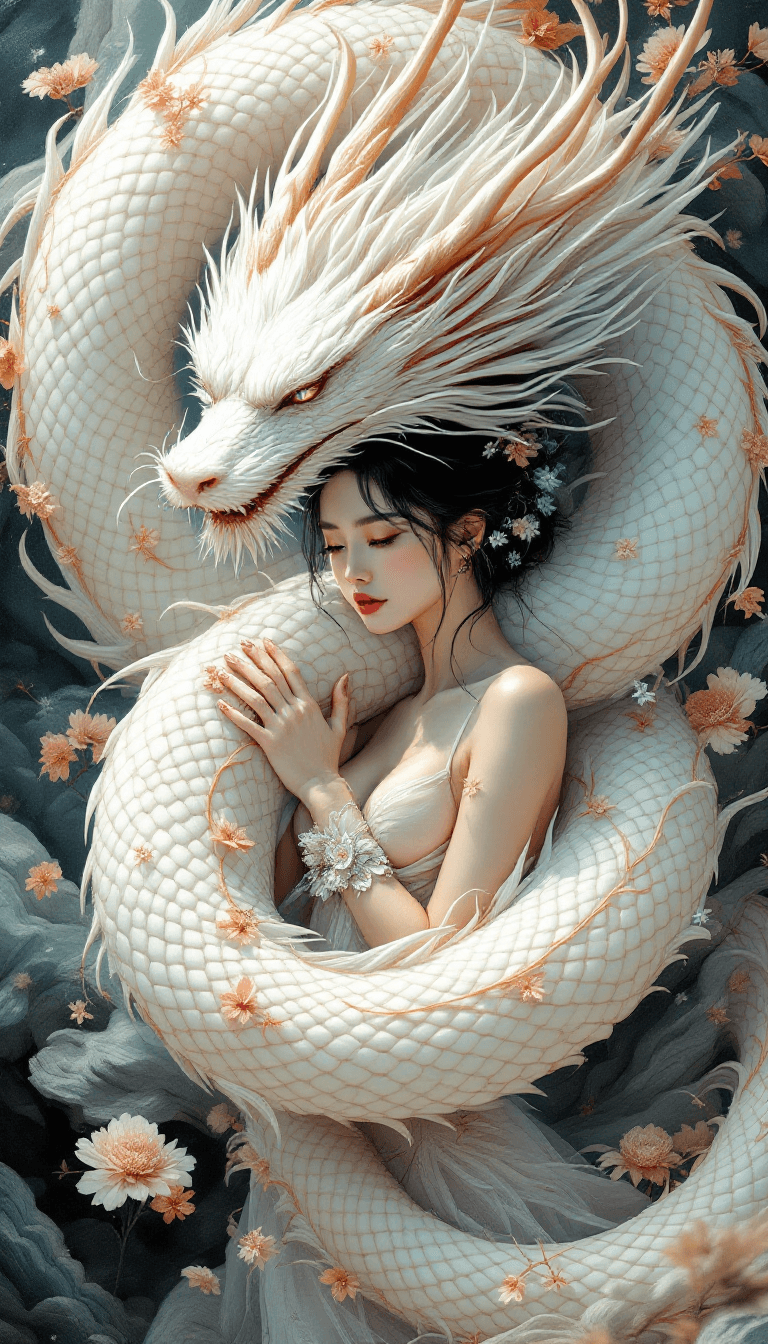 AI generated: Create a single whimsical illustration depicting the beautiful body of a white dragon, similar to a ...