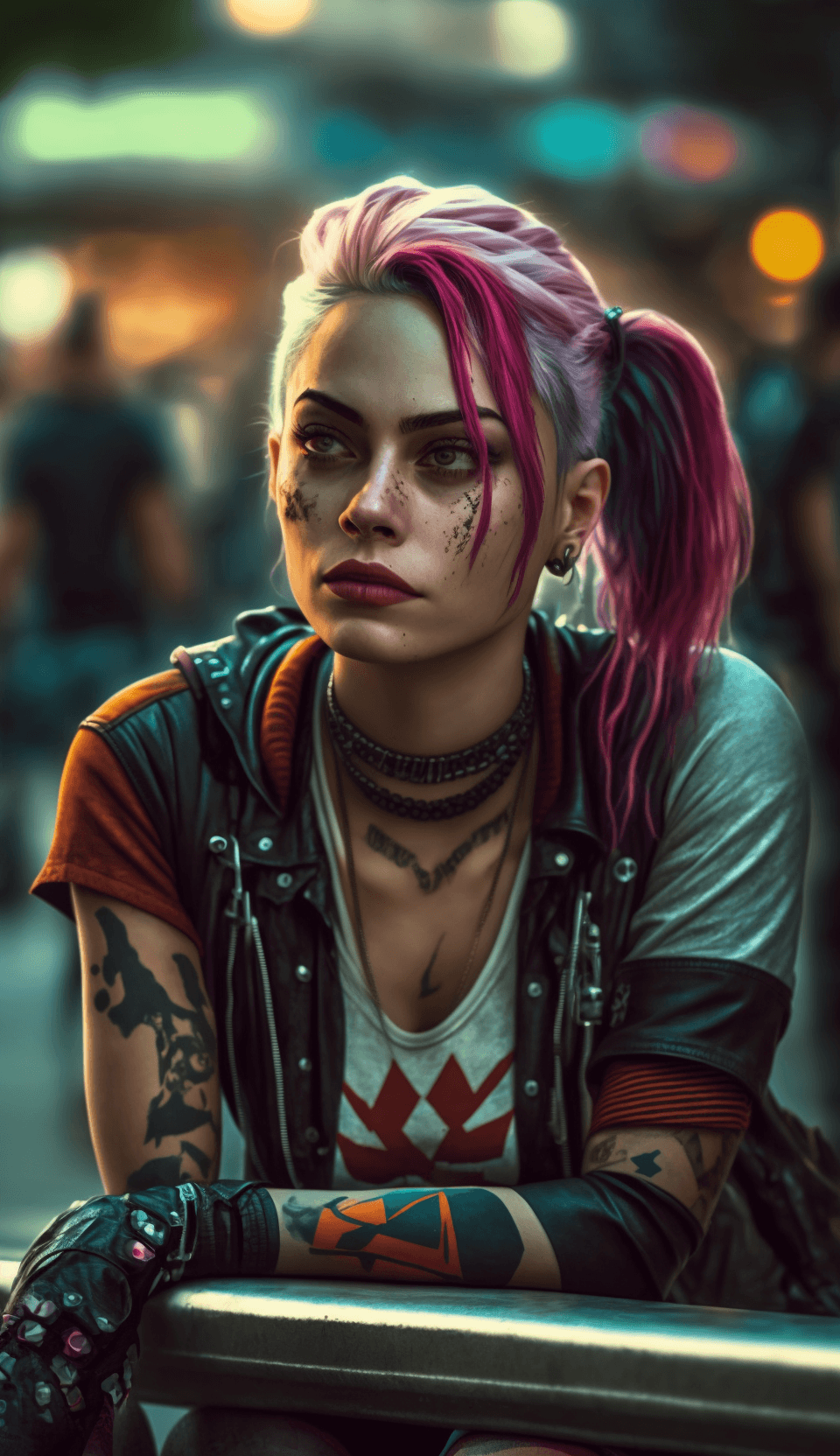 AI generated: Cinematic lighting, 4k, ultra details, ultra realism, woman, Harley Quinn, sad, heavy eye liner, cyb...