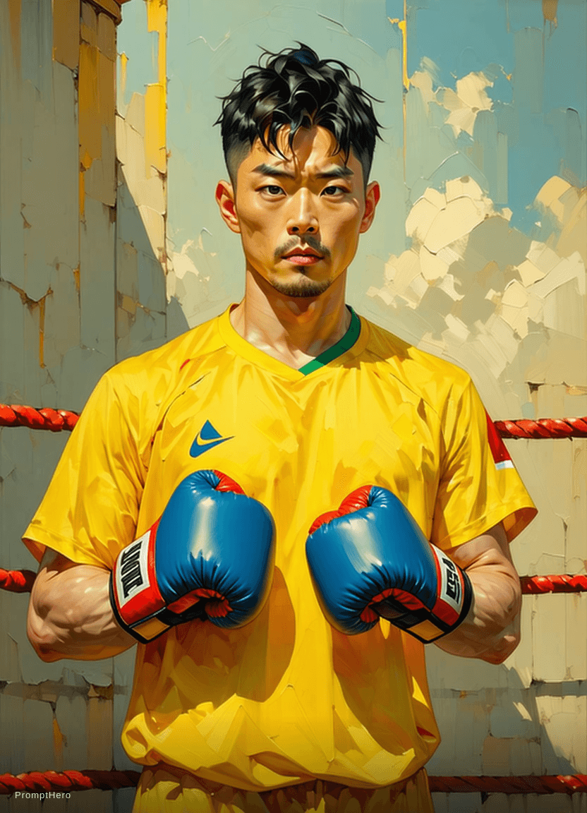AI generated: centered, masterpiece, a painting of a man in a boxing ring, trending on Artstation, jazza and rossd...