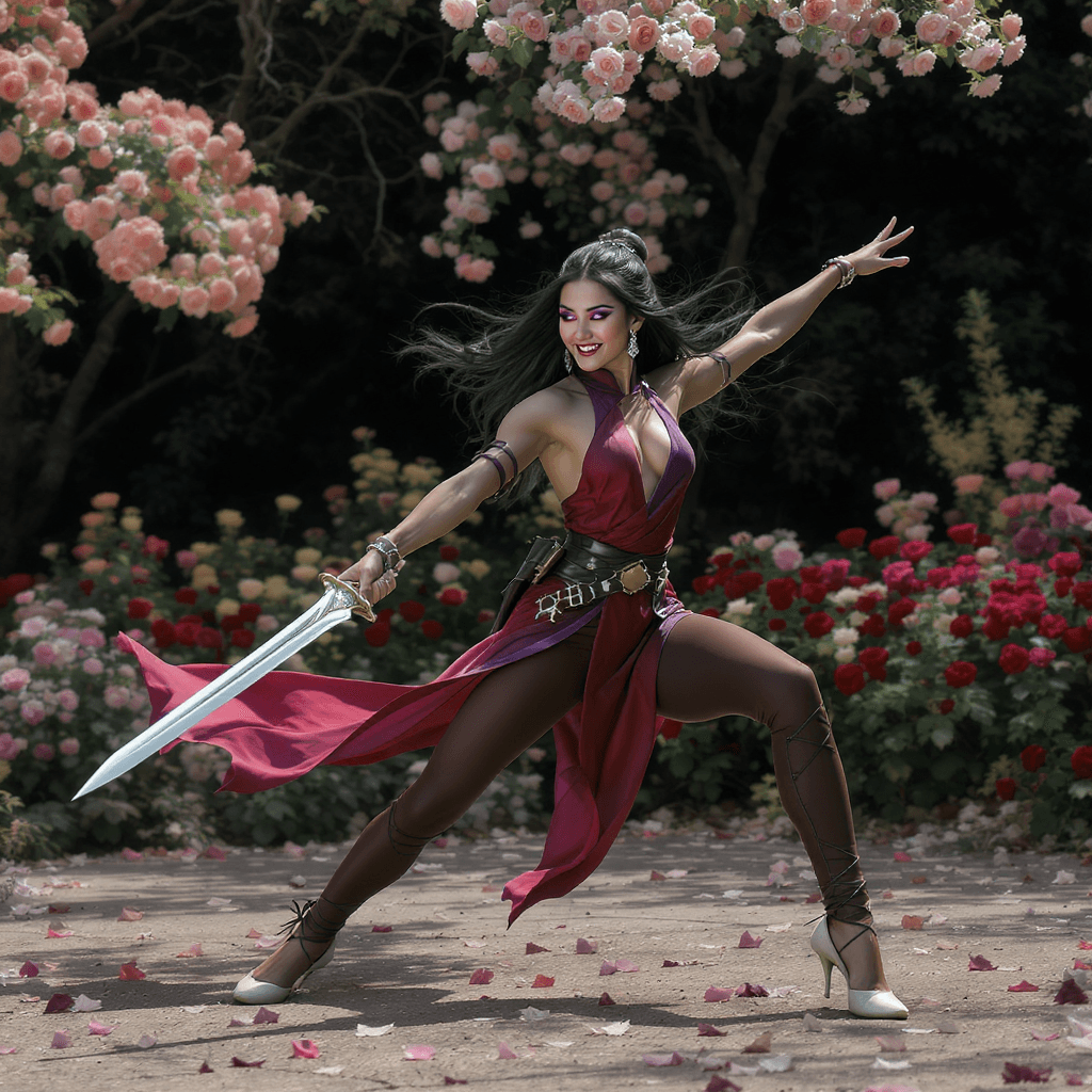 AI generated: A nimble, female performer stands poised, her long legs and dark, wavy locks seen clearly against th...