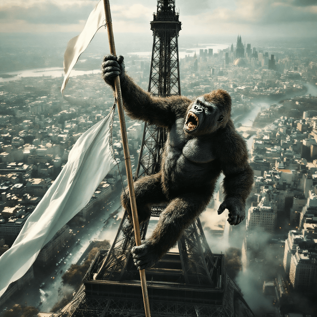 AI generated: king Kong climbing the Eiffel Tower, holding a white flag attached to a metal pole in one hand, in a...