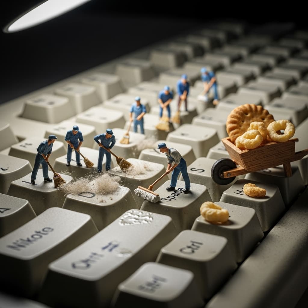 AI generated: Wide view along a dusty keyboard: tiny workers in uniform push brooms between giant keys and mop the...