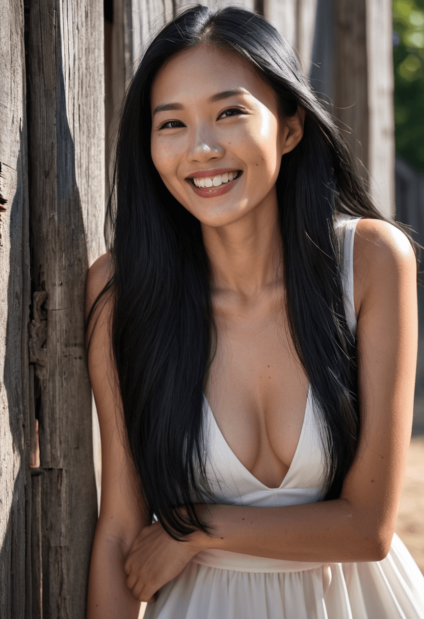 AI generated: medium close-up candid photograph of an Asian woman with sleek long black hair smiling, (freckles:0....