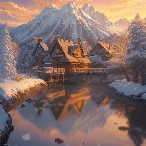 AI generated: Studio Ghibli, landscape, winter season, golden hour, artstation, masterpiece, epic realistic, intri...