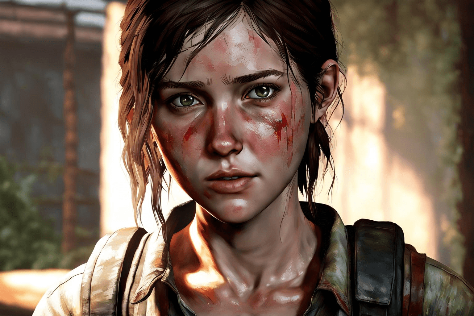 AI generated: 500 mm lens photo, of Ellie from the last of us, face scratched, frowned, ((photorealism))