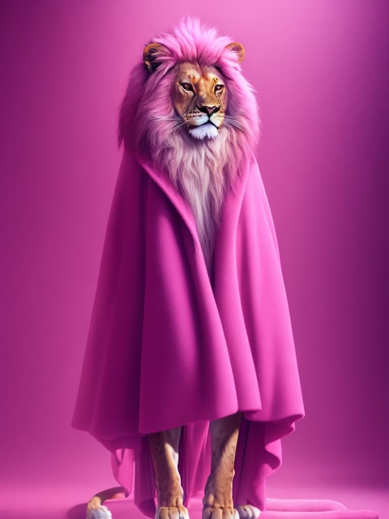 AI generated: lion, stands, pink background, cinematic, super quality, 4k, cute