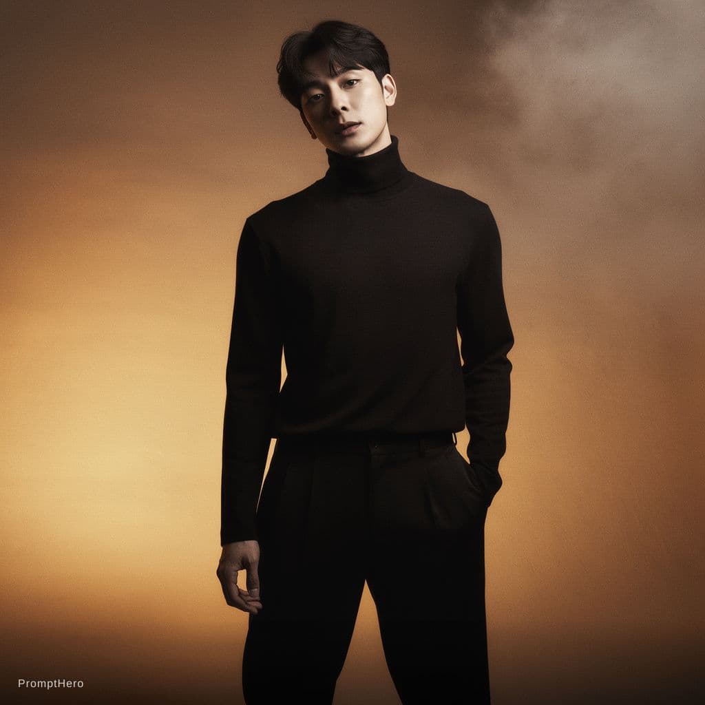 AI generated: fashion editorial photography, front shot, full-body, professional korean male model, shot with hass...