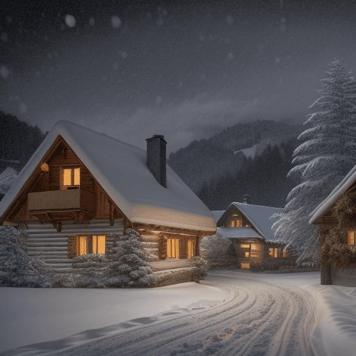 AI generated: landscape, Swiss village at night, falling snow, in the background, a pine forest, inside a house, b...