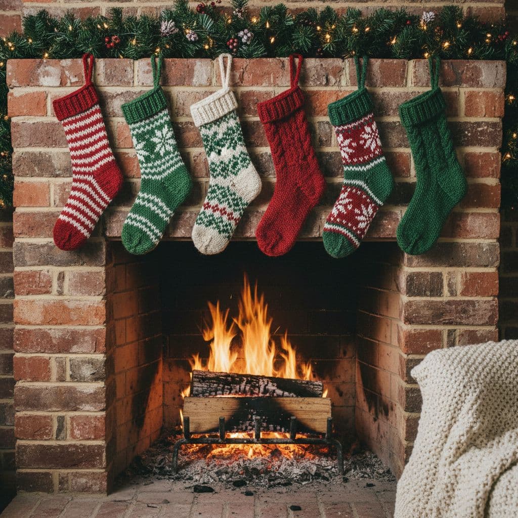 AI generated: "Fireplace with holiday socks hanging, detailed texture of brick and fabric"