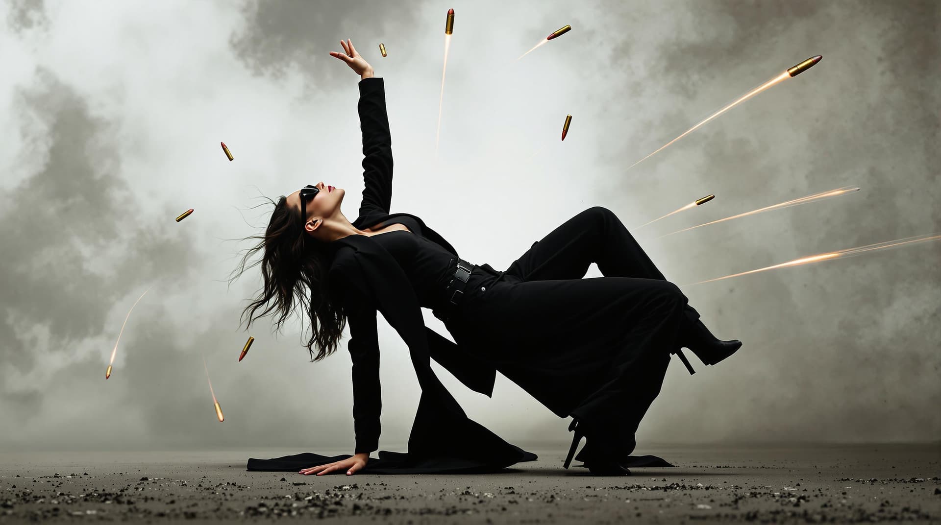 AI generated: It's a dynamic and dramatic scene with a Woman dressed in a black form-fitting outfit including a sl...