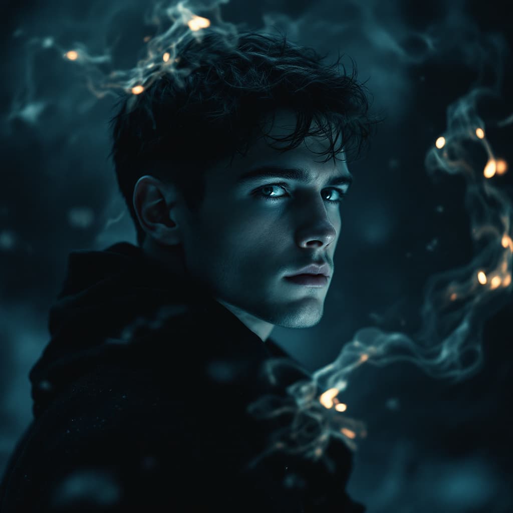 AI generated: A young man with sharp facial features, short dark hair, and deep, expressive eyes stands alone in d...